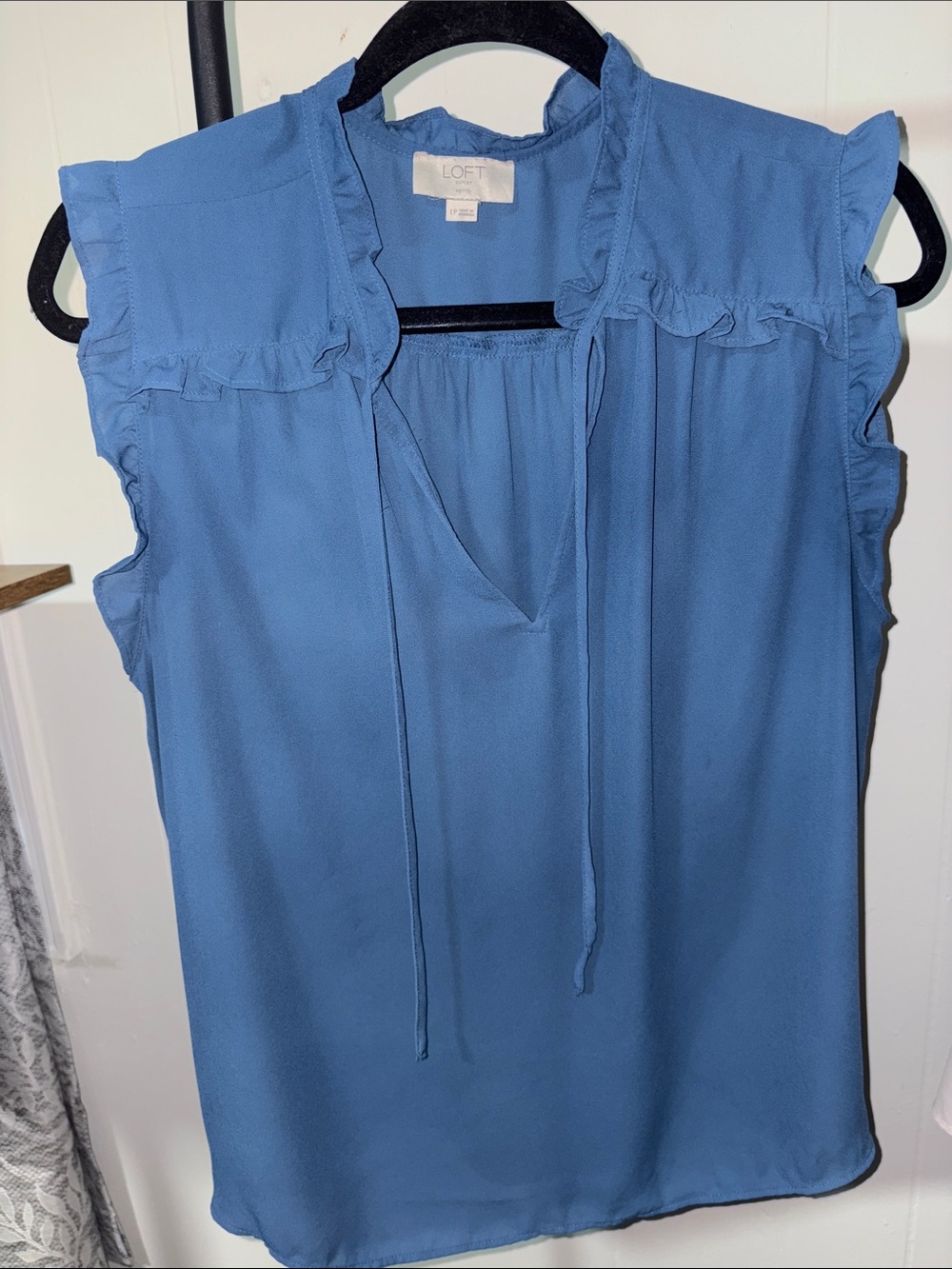 LOFT Sky Blue Ruffle Tie-Neck Sleeveless Blouse